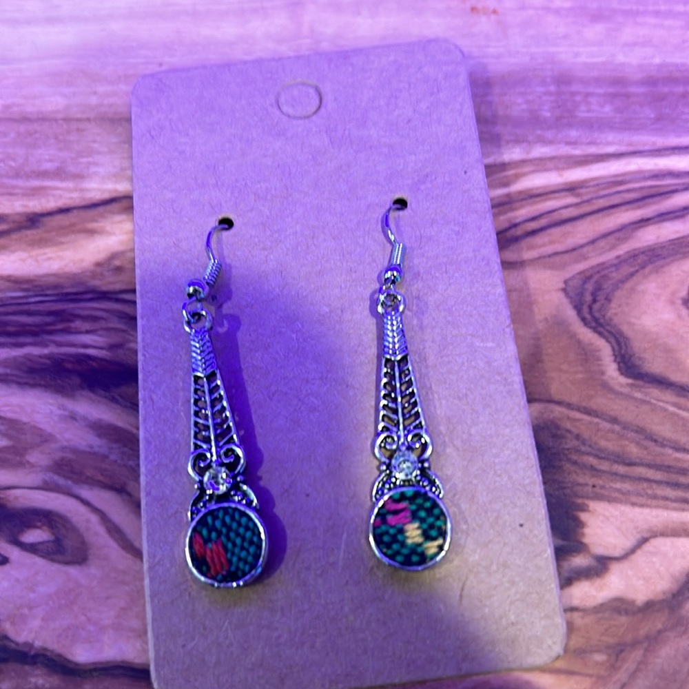 NEW Earrings, Silver with Green, Orange and yellow design, 2” - Picture 3 of 7